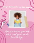 Child smiling while reading a yellow book, surrounded by pink graphics with the message “You are brave, you are kind, and you can do hard things,” alongside Kami the Flamingo illustration.