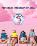 Four children sitting in chairs reading colorful books with the text “National Imagination Day” above them and the BIG HUGS for Kids logo centered against a pink sky background.