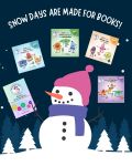 Snowman wearing a pink hat and purple scarf holding signs of BIG HUGS for Kids book covers with the text “Snow days are made for books” across the top, set against a snowy winter background.