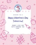 Pink Valentine’s Day graphic with hearts, cupcakes, and love-themed doodles surrounding a message that reads, “Wishing you a Happy Valentine’s Day Tomorrow! Share a big hug with someone you love.” The Big Hugs for Kids logo featuring a smiling flamingo appears at the top.