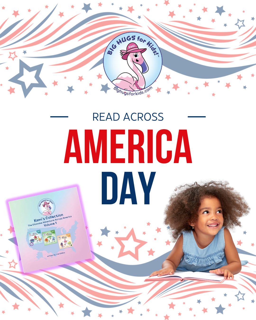 Read Across America Day graphic featuring a child reading, patriotic stars and stripes, and a children’s book from Kami’s Collection.