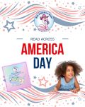 Read Across America Day graphic featuring a child reading, patriotic stars and stripes, and a children’s book from Kami’s Collection.