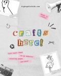 Creative graphic promoting kids crafts with colorful text, doodles, and a flamingo coloring page, encouraging visitors to find craft ideas on a website.