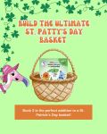 St. Patrick’s Day graphic featuring a basket with a children’s book inside, shamrock decorations, and text about building a festive kids’ basket.