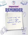 Graphic with the text “Important Reminder” and a note that reads “A book a day can make a bigger difference than you think,” surrounded by book-themed doodles and a megaphone icon.